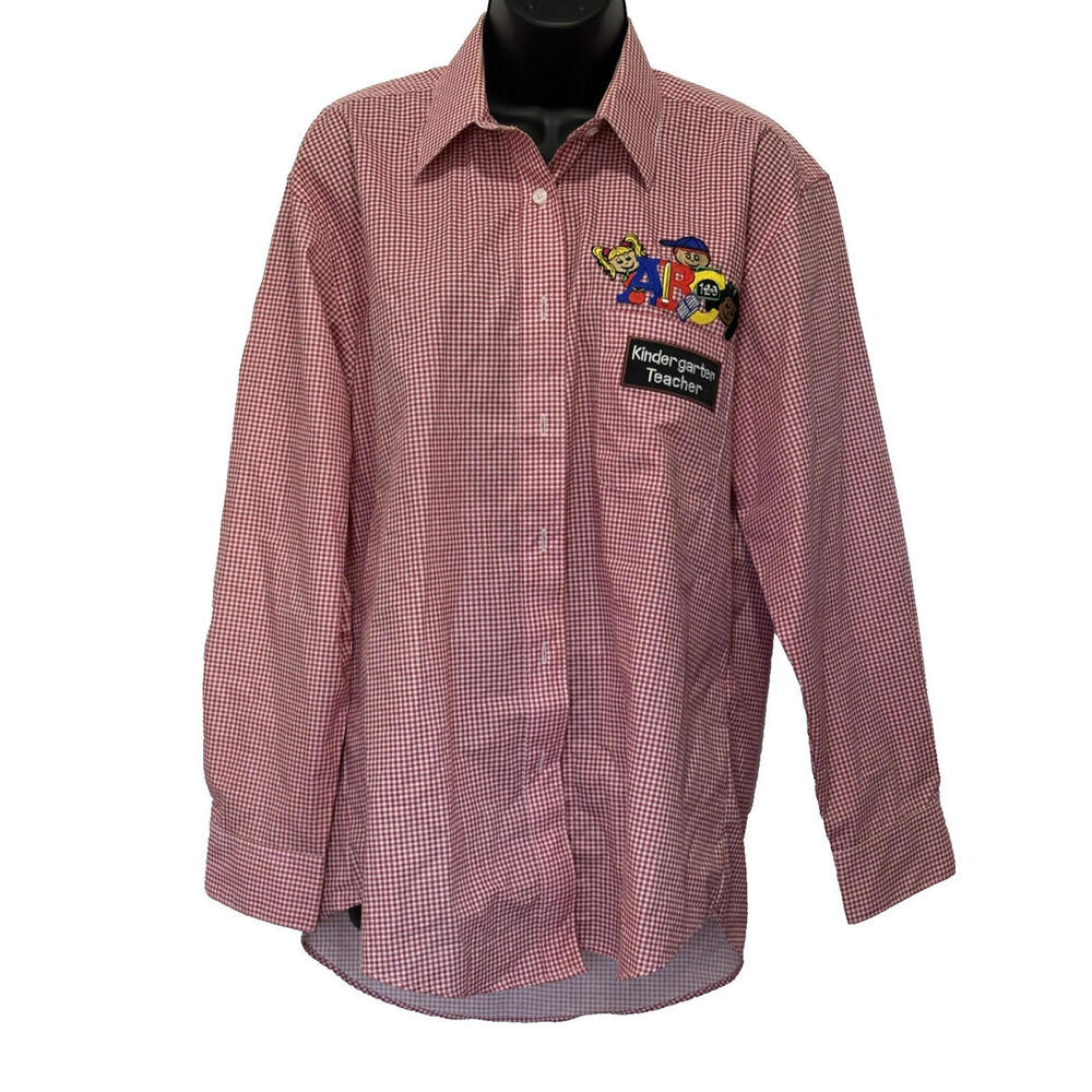 Las Olas Women's Button Down Shirt Teacher Children Long Sleeve Red White Sz Med